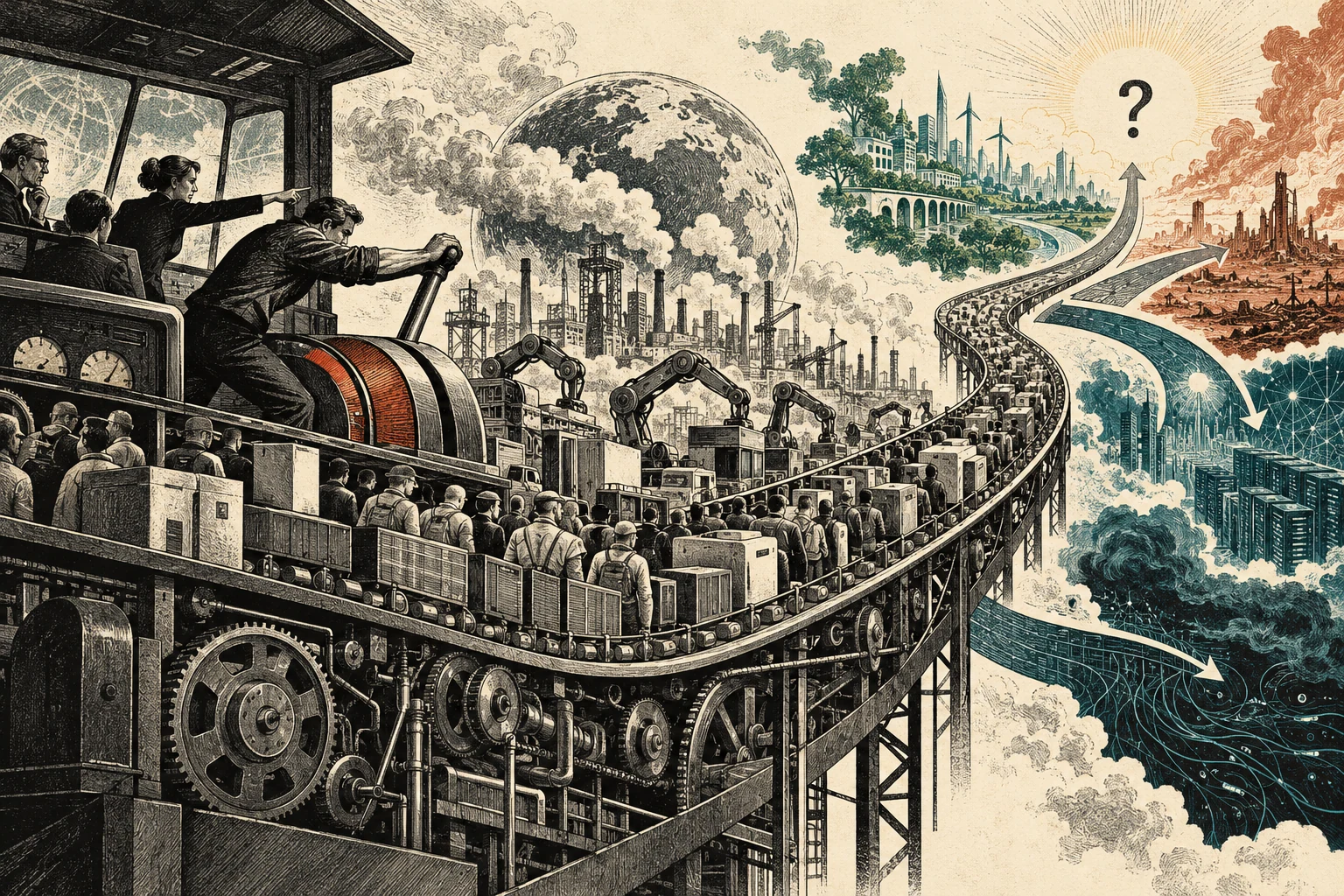 Visual metaphor for “Accelerationism”. Speeding up existing processes is meant to break through into a different order; the illustration depicts a contested strategy and the uncertainty of its outcomes.