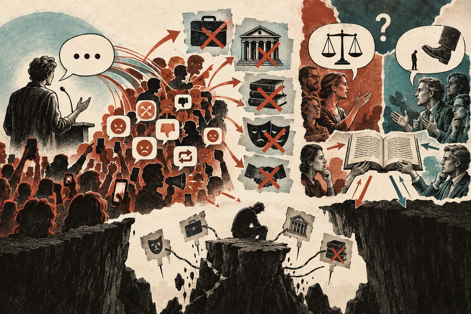 Visual metaphor for “Cancel culture”. Public backlash leads to withdrawn support and platform access, sparking debate over accountability, proportionality, and room for context.
