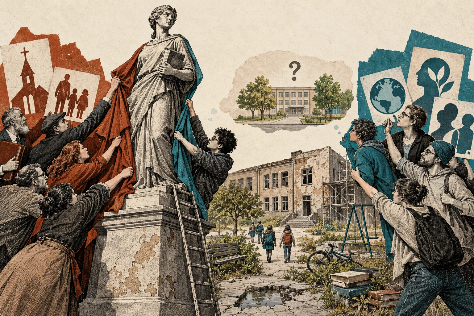 Visual metaphor for “Culture wars”. Conflict centers on the symbols and norms of shared space, as participants frame the stakes around defending core values and identity.