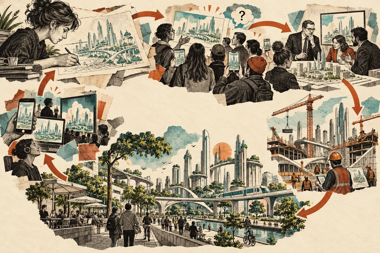 Visual metaphor for “Hyperstition”. An imagined blueprint mobilizes expectations and actions that help bring it into being—a social feedback loop of fiction rather than supernatural prophecy.