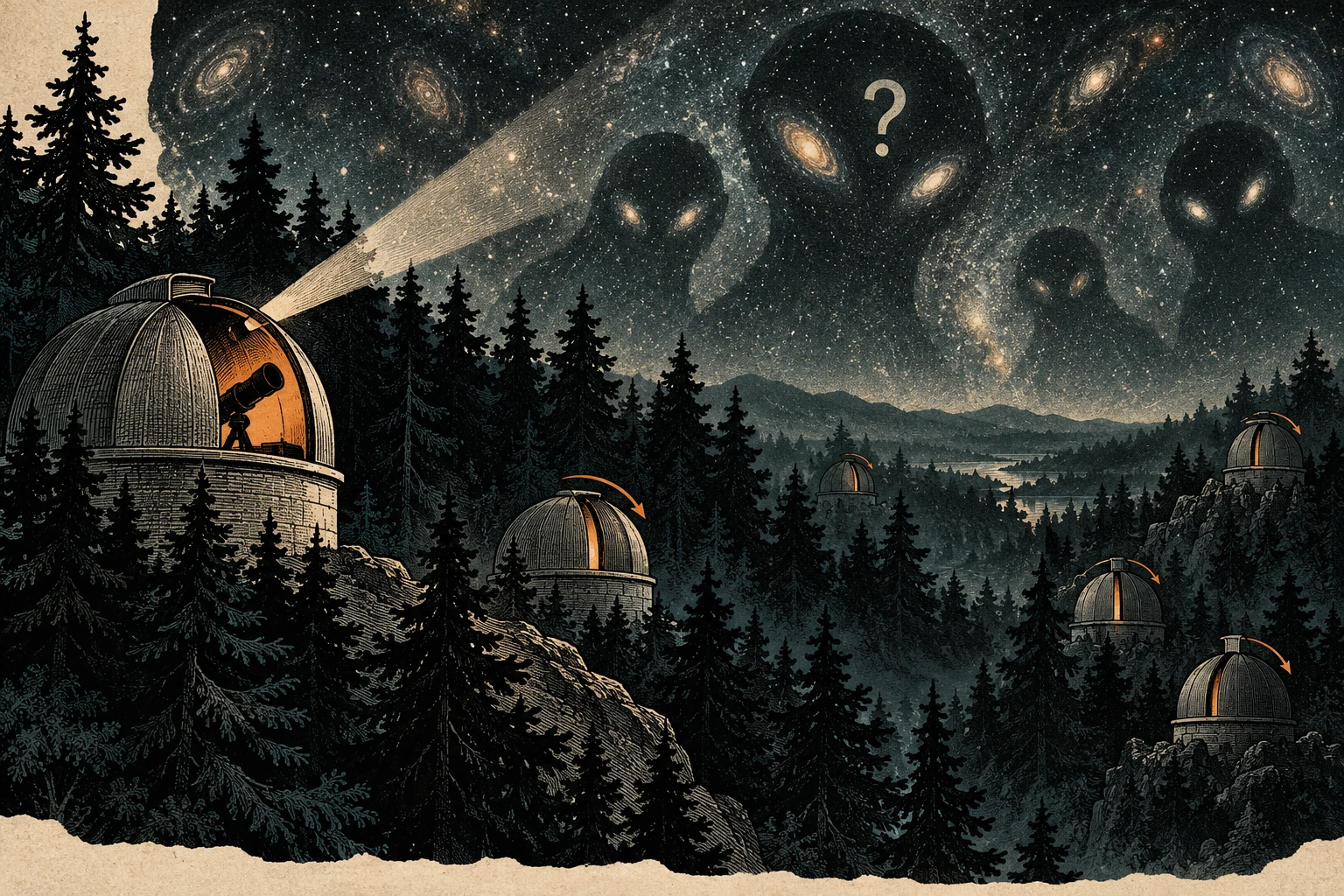Visual metaphor for “Dark forest theory”. Uncertainty about others' intentions incentivizes hiding one's signals; the image depicts a speculative scenario rather than evidence of hostile civilizations.
