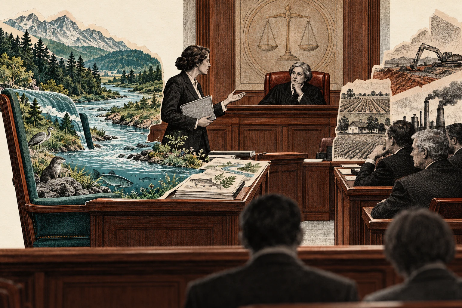 Visual metaphor for “Rights of nature”. A river's interests receive legal representation independent of neighboring landowners, illustrating a legal concept without tying it to one specific jurisdiction.