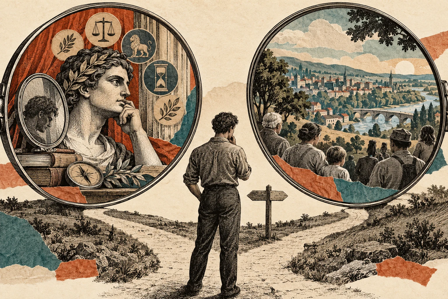 Visual metaphor for “Virtue ethics vs. consequentialism”. One mode of evaluation centers on the agent's character and dispositions while the other weighs the outcomes of the act, contrasting the two perspectives without settling the debate.