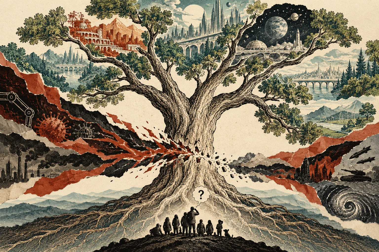 Visual metaphor for “Existential risk”. Severing the shared trunk threatens the entire canopy of future possibilities; the stakes involve permanently foreclosing humanity's potential, not just a severe present loss.