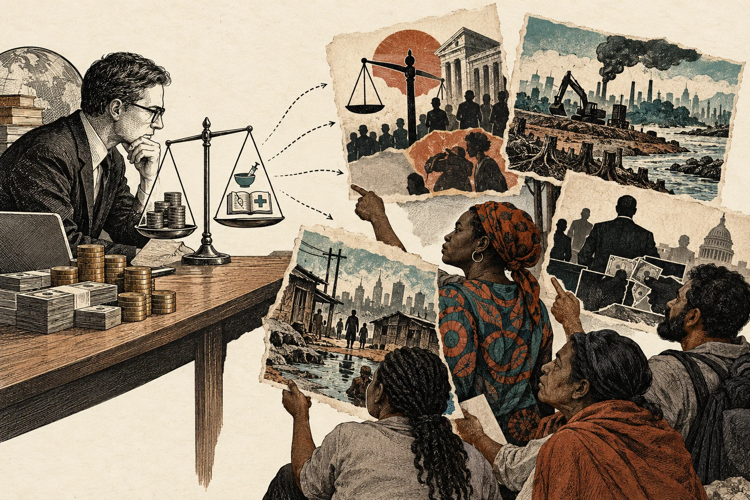 Visual metaphor for “Critique of effective altruism”. Affected people point to values and power relations missed by a narrow effectiveness metric, pressing questions of justice and systemic change.