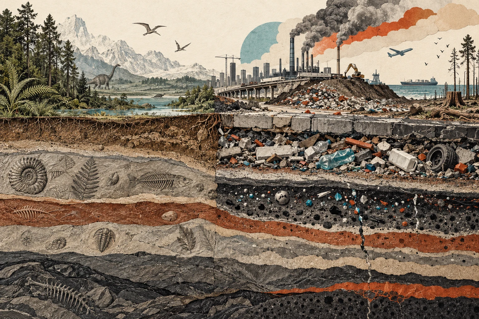 Visual metaphor for “Anthropocene”. Human activity leaves an extensive footprint across environments and sediments; the illustration does not adjudicate the formal stratigraphic status of a geological epoch.