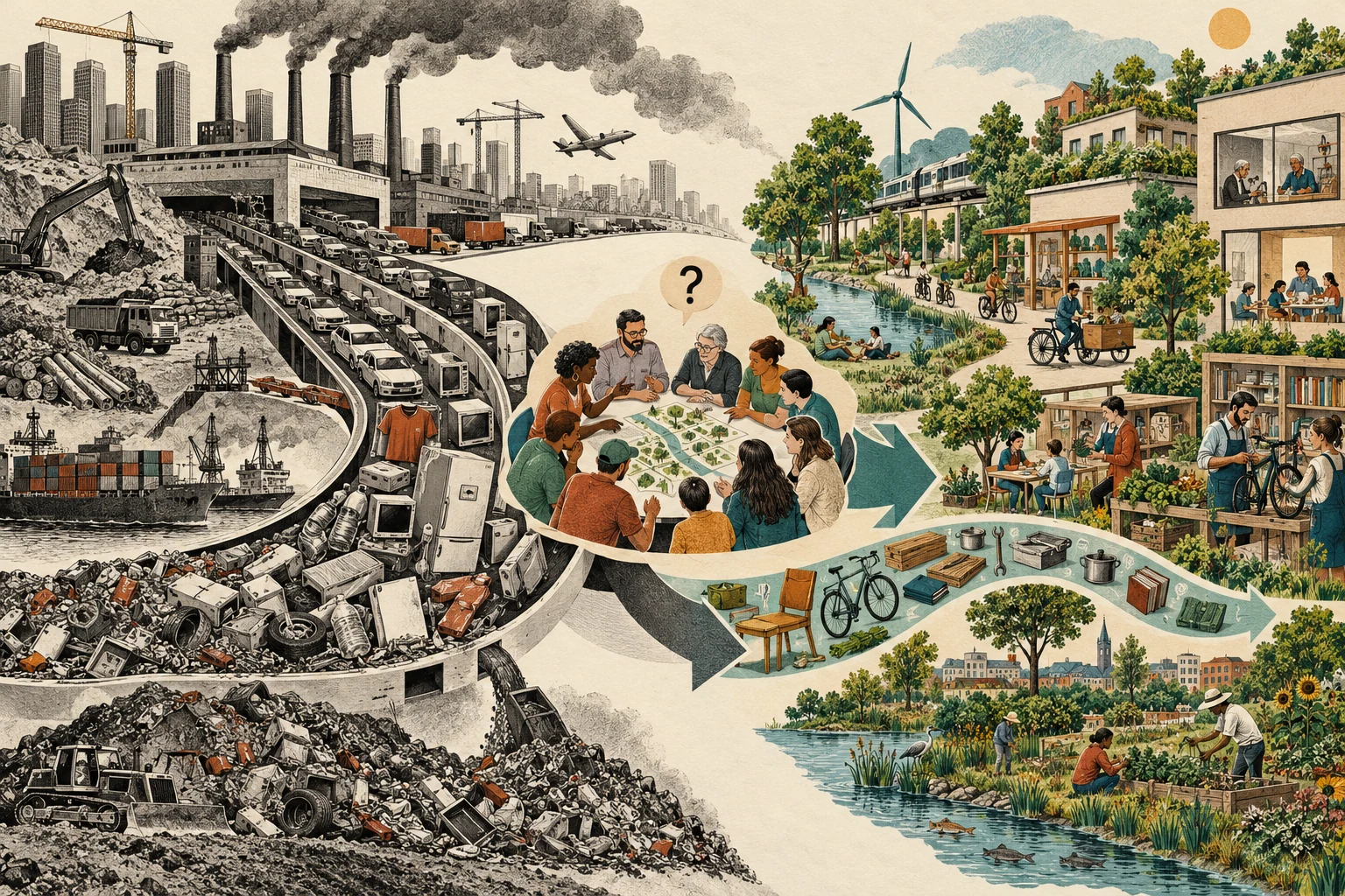 Visual metaphor for “Degrowth”. Lower material throughput pairs with a larger role for repair, care, and shared services; the movement's aim is not unplanned impoverishment.