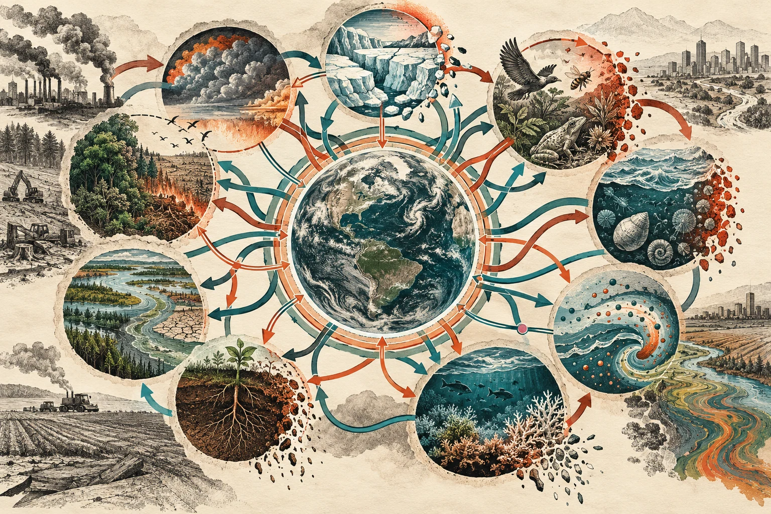 Visual metaphor for “Planetary boundaries”. Earth's stability depends on interconnected ecological processes; the diagram shows thresholds and dependencies qualitatively without claiming a live measurement.