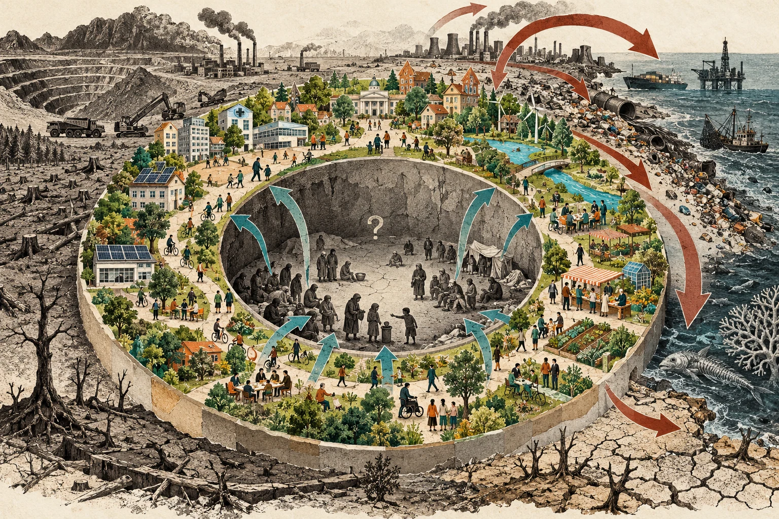Visual metaphor for “Doughnut economics”. The safe and just space for humanity lies between social shortfall and ecological overshoot, requiring both boundaries to be respected at once.