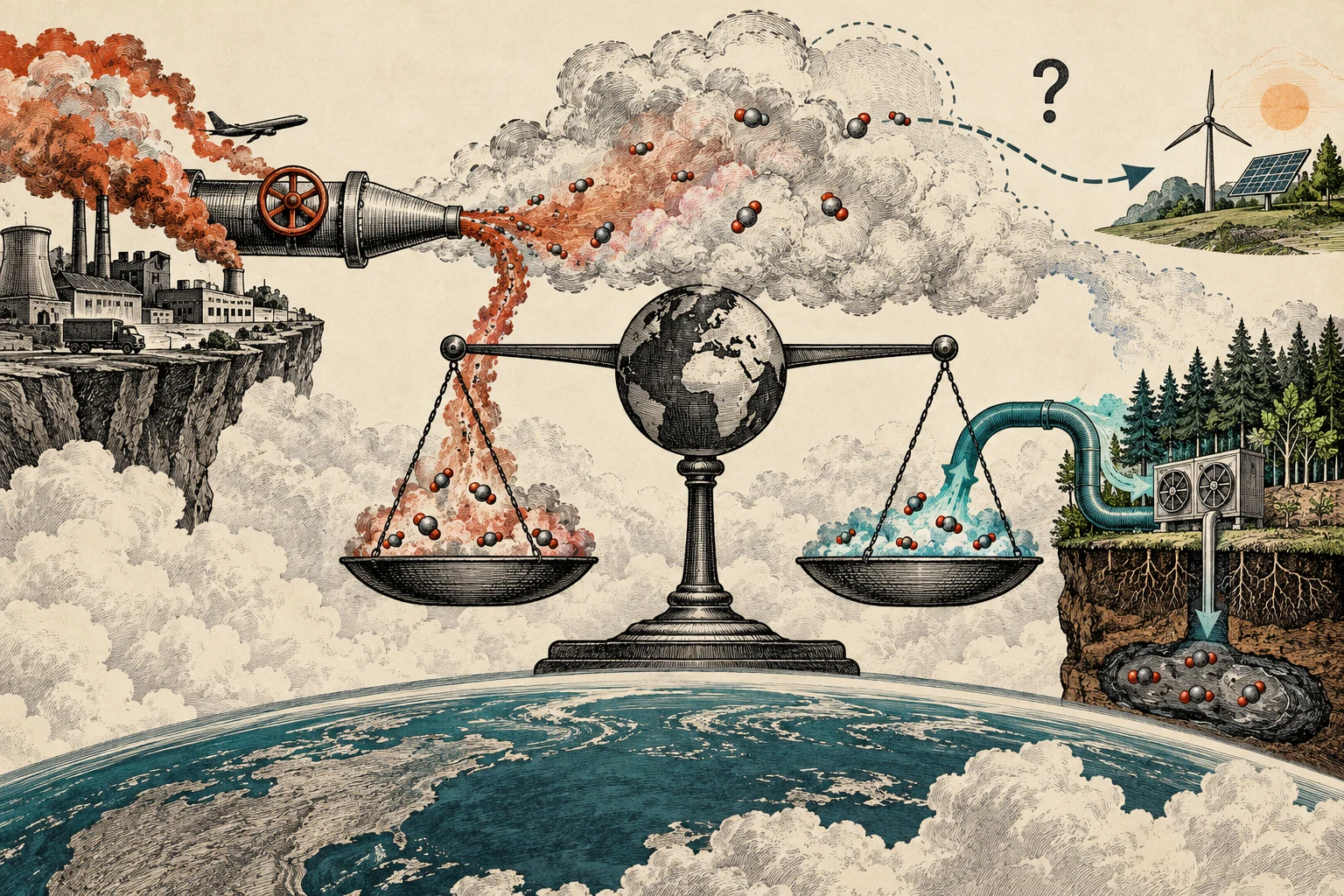 Visual metaphor for “Net zero”. Residual emissions are balanced by atmospheric removal, while cutting emissions, avoiding them, and removing already emitted gas remain distinct actions.
