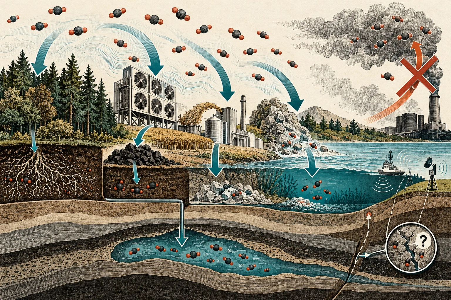Visual metaphor for “Carbon dioxide removal (CDR)”. Carbon moves from the atmosphere into storage; durability, monitoring, and the risk of reversal matter alongside initial capture.