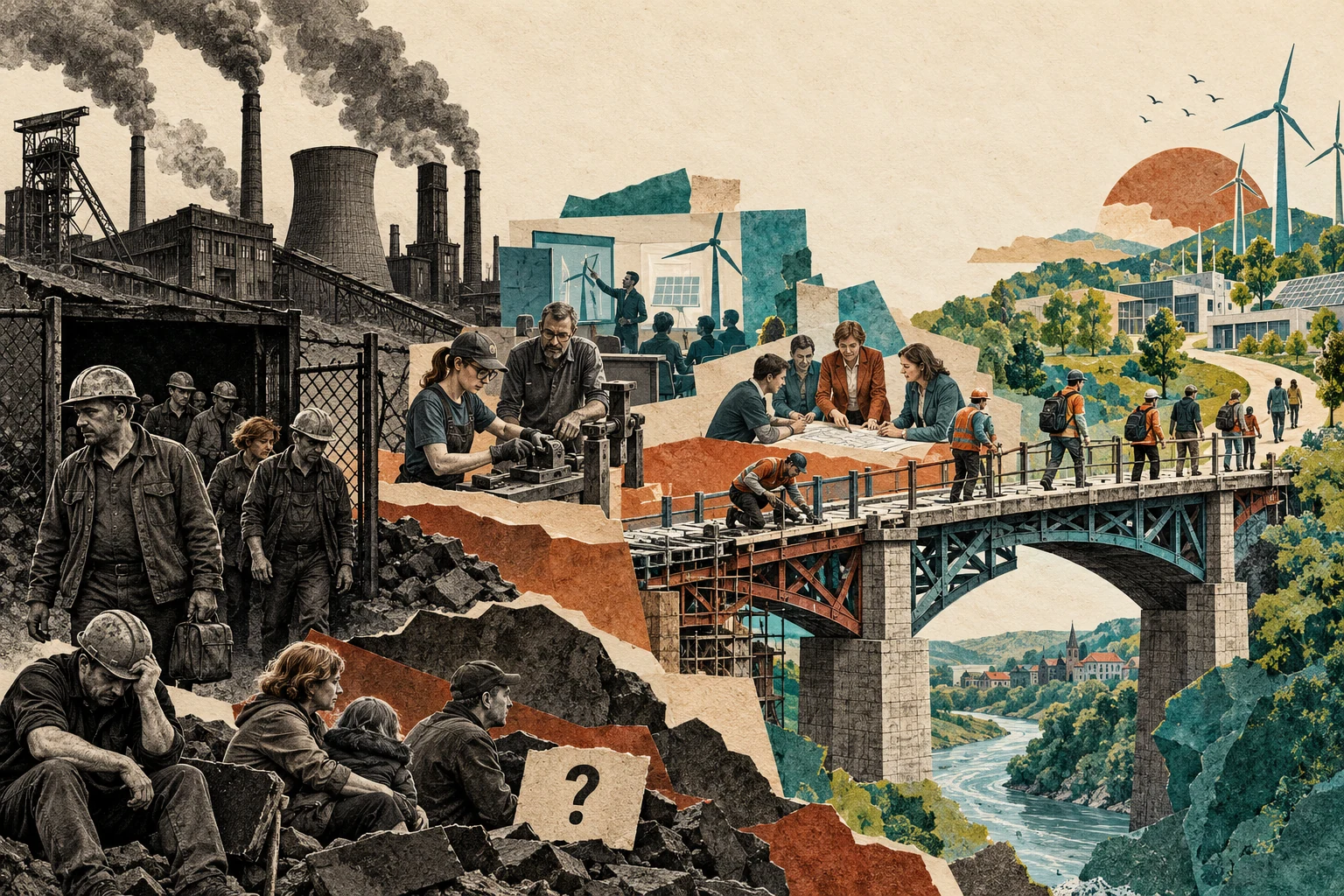 Visual metaphor for “Just transition”. Economic transition includes safety nets, retraining, and community voice in decisions so its costs do not simply fall on displaced workers.