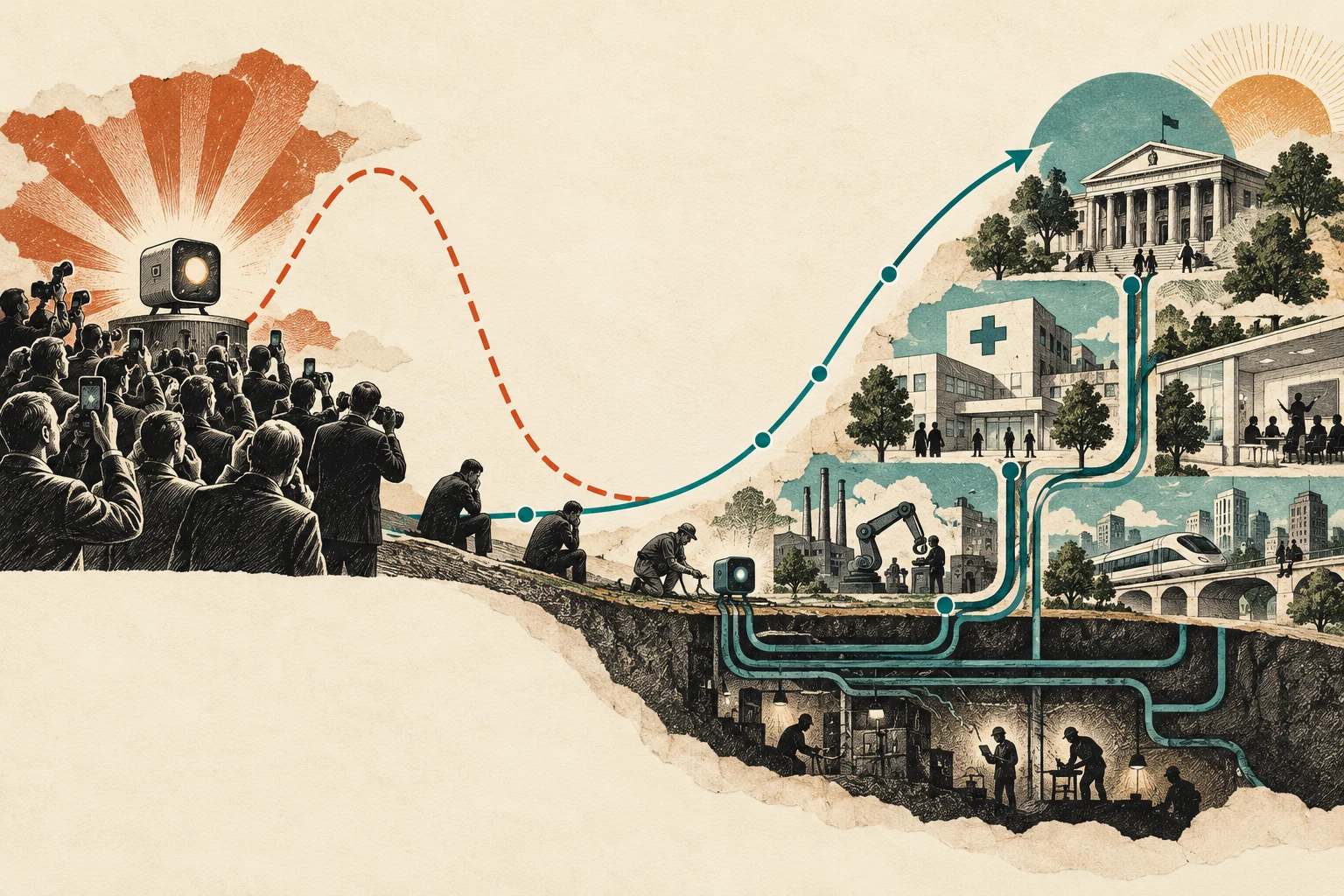 Visual metaphor for “Amara’s law”. Early expectations outrun initial results while deeper transformation arrives later; this is a practical heuristic rather than an exact law with fixed dates.
