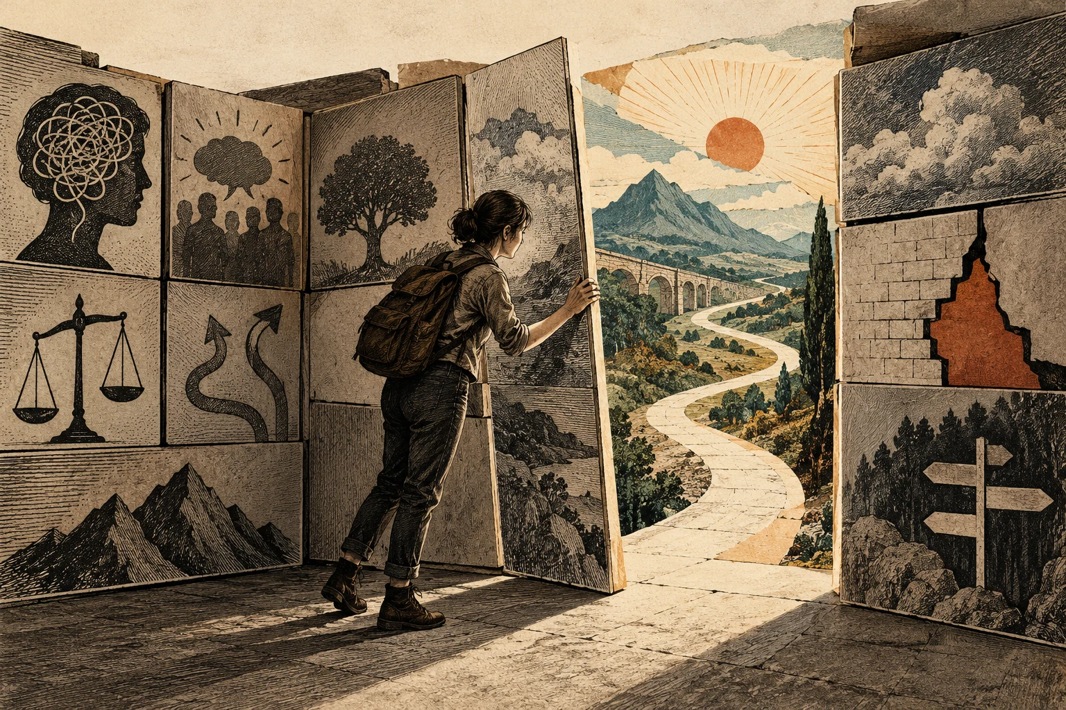 Visual metaphor for “Liminal thinking”. A person recognizes their own assumptions as movable parts, and experimenting with one reveals a previously unseen path of action.