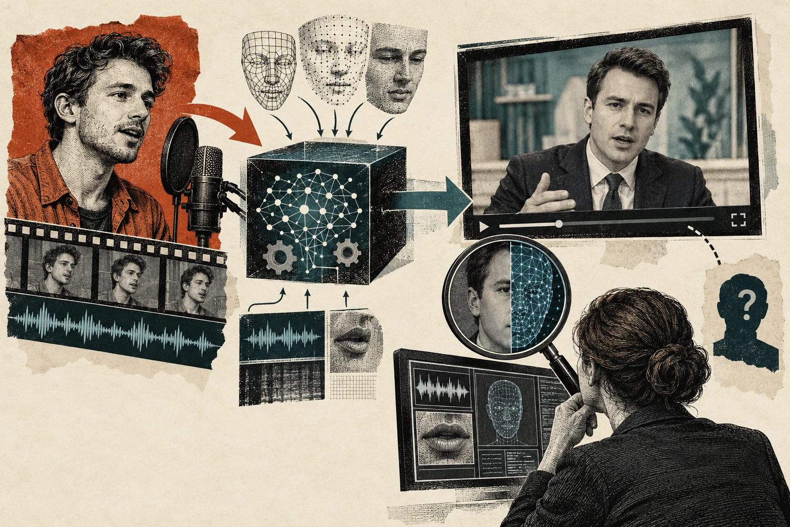Visual metaphor for “Deepfake”. A recording is given the likeness of another person's speech; the illustration shows synthetic identity substitution without depicting a real individual's authentic statement.