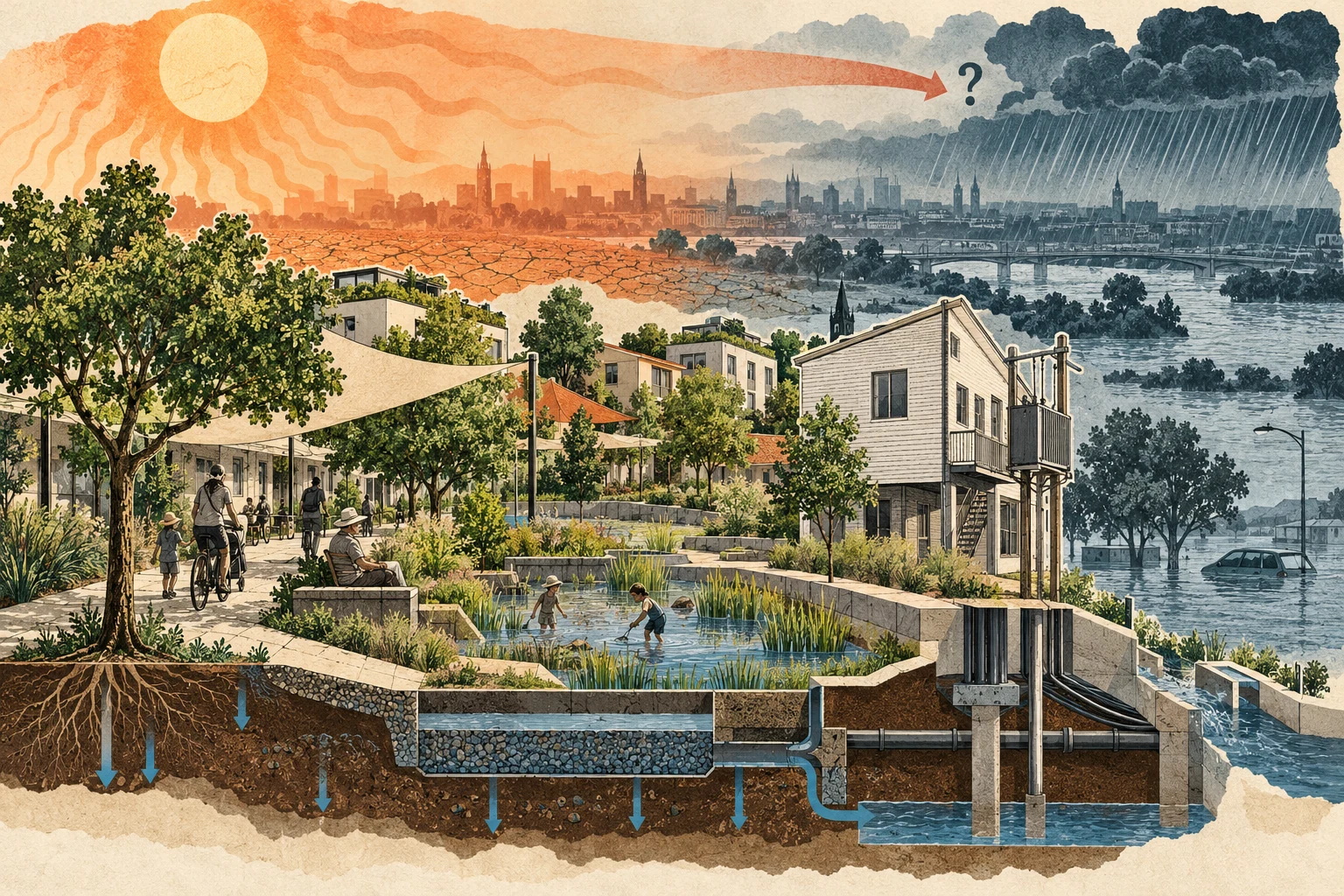 Visual metaphor for “Climate adaptation”. Shade, room for floodwater, and hardened infrastructure reduce vulnerability to hazards, though adaptation alone does not halt warming.