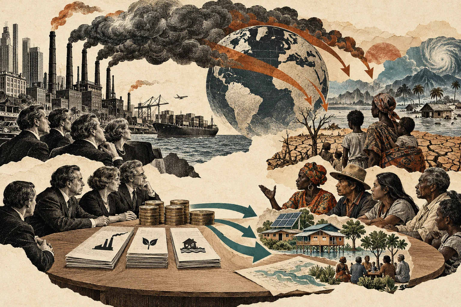 Visual metaphor for “Climate justice”. Responsibility for emissions and exposure to harm are unevenly distributed, and debates over funding and governance take that asymmetry into account.