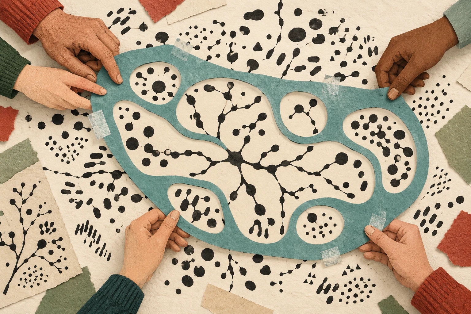Visual metaphor for “Thought style and thought collective”. A jointly aligned template organizes scattered traces as a teaching gesture initiates a newcomer into the group's practice—illustrating a thought style sustained by a collective without implying facts are arbitrary inventions.
