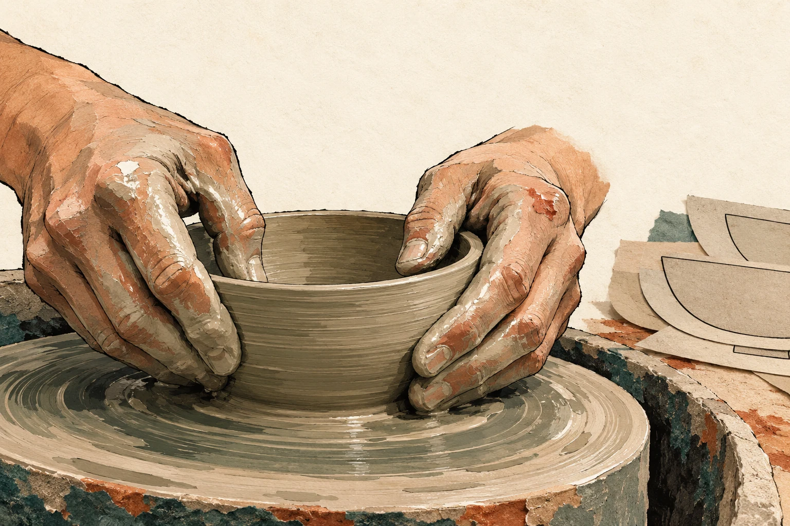 Visual metaphor for “Tacit knowledge and Polanyi’s paradox”. Fingers adjust pressure on the clay through feel honed in practice while the paper template shows the profile without containing the skill needed to shape it.