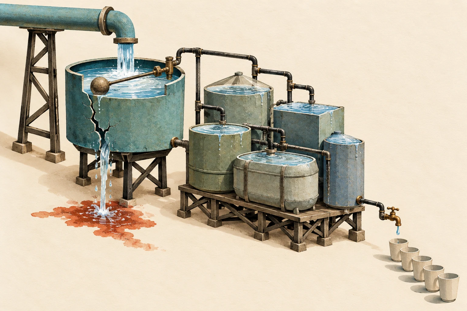 Visual metaphor for “Soft budget constraint and shortage economy”. Top-up flow continually replenishes a leaky tank so leakage never forces a halt, while hoarding beside empty vessels shows how expected bailouts can breed shortage.