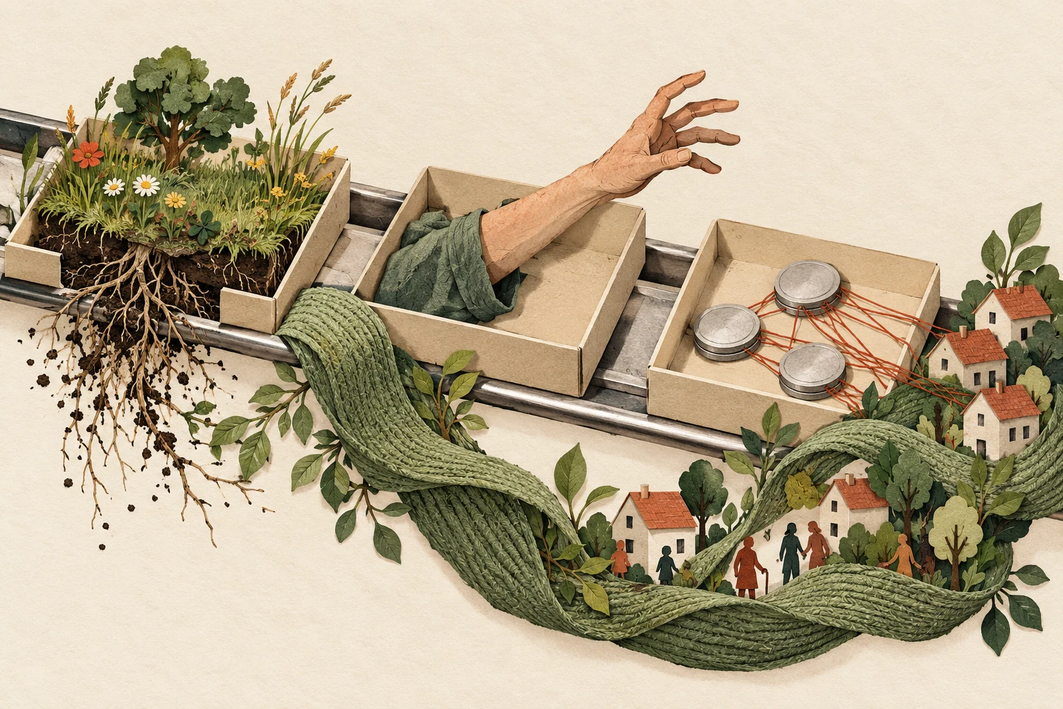 Visual metaphor for “The Great Transformation and fictitious commodities”. Land, human labor, and money are boxed as uniform commodities even though they remain bound up with nature, life, and institutions, while the surrounding fabric represents social protection.