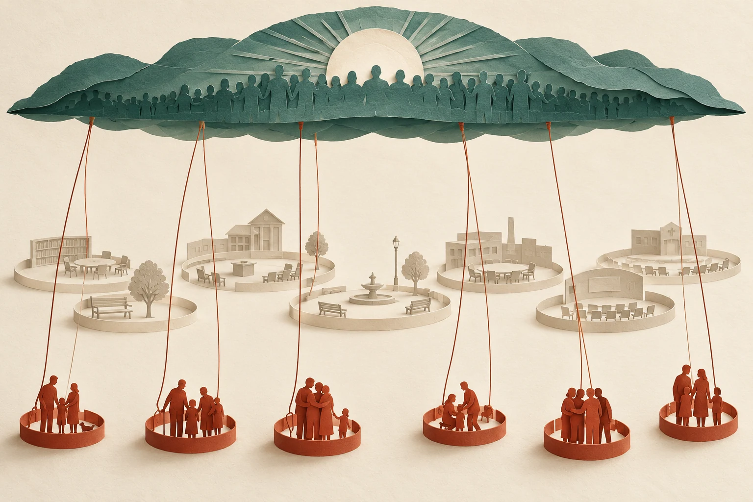 Visual metaphor for “Sociological vacuum”. Small, tightly knit groups connect directly to a shared symbolic roof while intermediate rings remain weakly inhabited—describing a gap in identification rather than a literal absence of organizations.