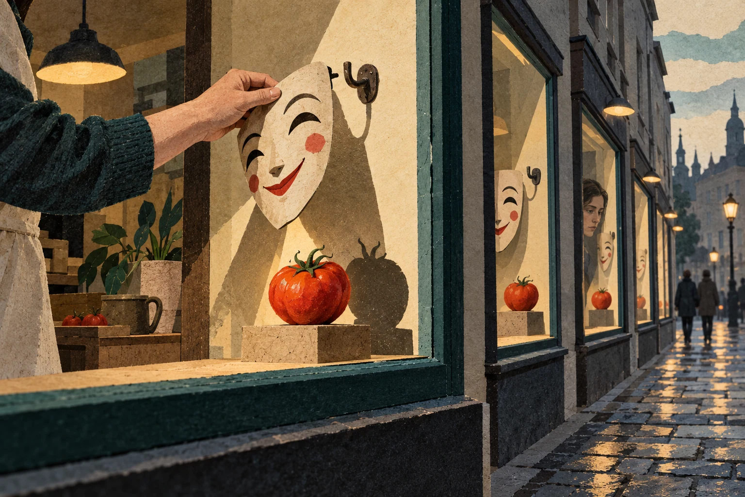 Visual metaphor for “Ketman and living in truth”. Repeated masks represent publicly performing required conformity despite private doubts, while setting one aside restores an ordinary object to the shop window and breaks the ritual.
