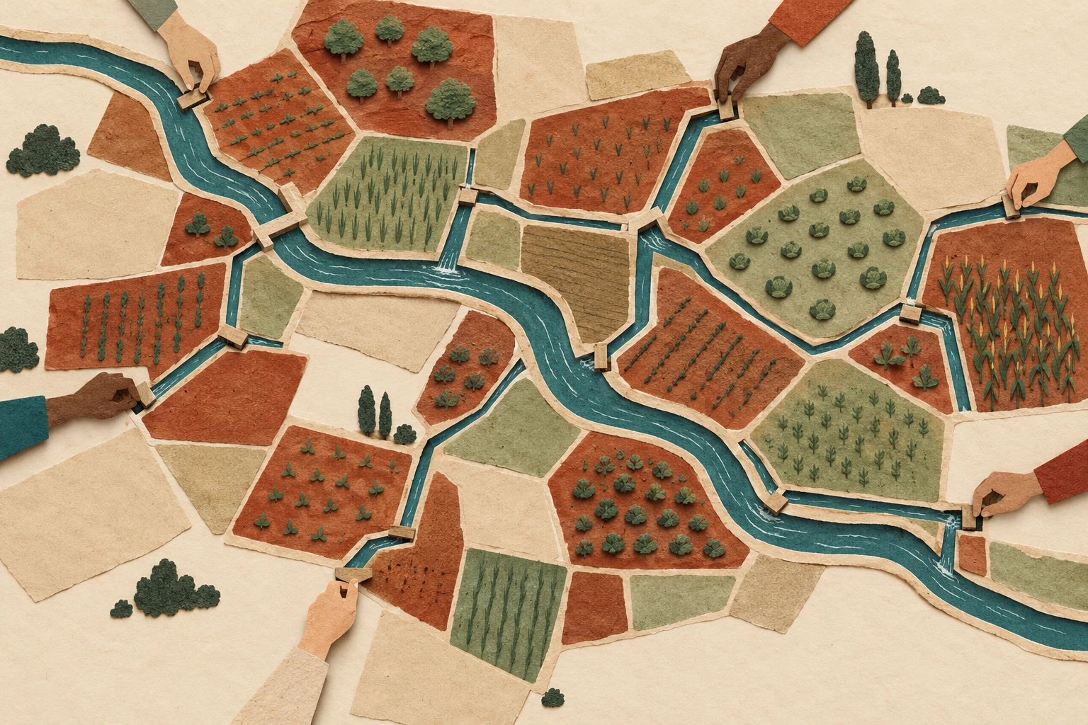 Visual metaphor for “Spontaneous order and dispersed knowledge”. Each hand fits a local segment to immediate conditions while shared joints connect a larger pattern, without proving that every spontaneous outcome is benign or that institutions are unnecessary.