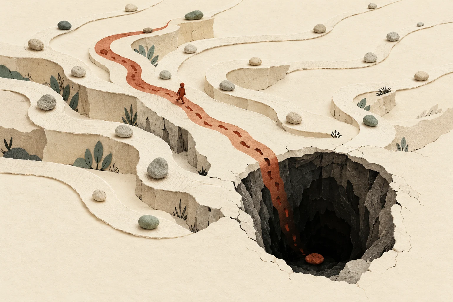 Visual metaphor for “Ergodicity and the ruin barrier”. Bright paths show the spread of outcomes across many participants while a rust-colored trail leads one actor into an absorbing pit from which others' successes cannot rescue them.