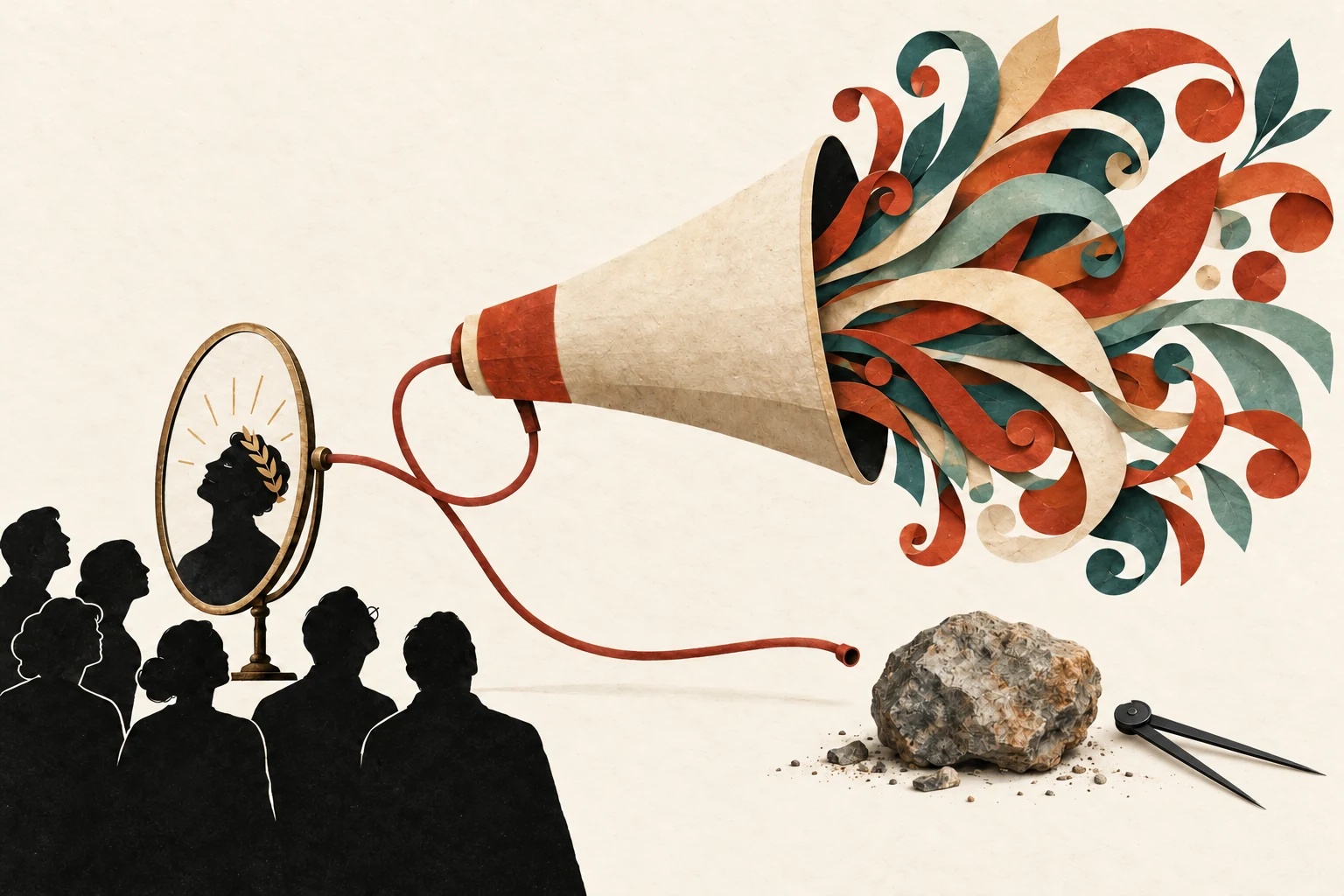 Visual metaphor for “Bullshit (indifference to truth)”. The horn tunes its performance to audience reaction while the instrument for checking reality sits untouched; unlike a deliberate liar, the speaker need not care what the facts are.