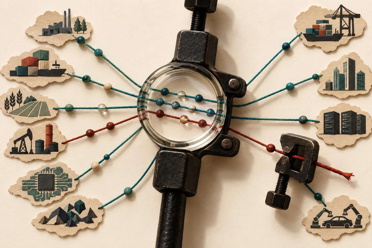 Visual metaphor for “Weaponized interdependence”. A central grommet gives visibility over many participants' threads and a clamp can sever a chosen line, showing how asymmetric network topology turns interdependence into leverage.