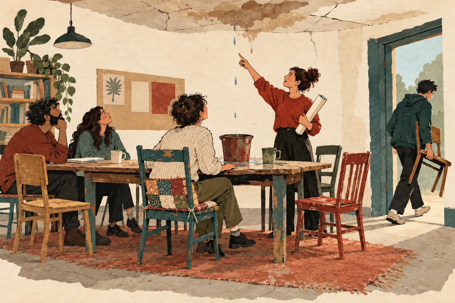 Visual metaphor for “Exit, voice, and loyalty”. Carrying out a chair marks exit, pointing to the leak marks voice, and attachment to the shared table helps explain staying to press for repair.