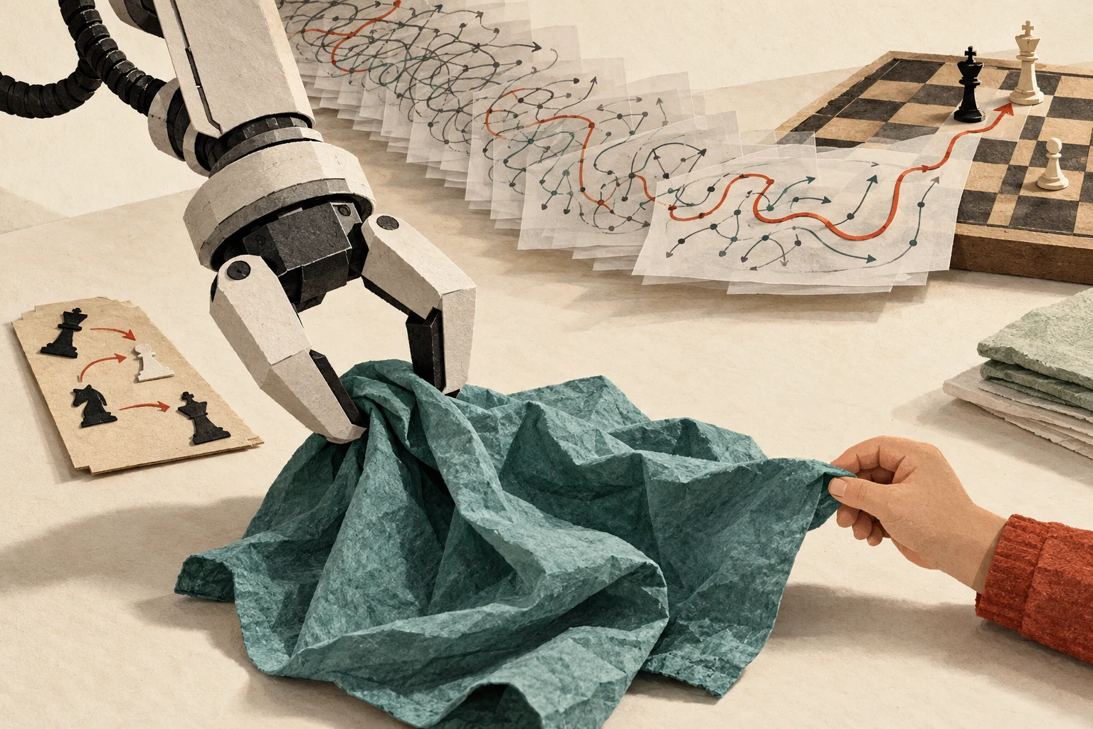 Visual metaphor for “The bitter lesson and Moravec’s paradox”. Accumulated trials and a set-aside rigid template point to general learning outperforming hand-coded rules, while chess beside a crumpled cloth recalls Moravec's paradox.