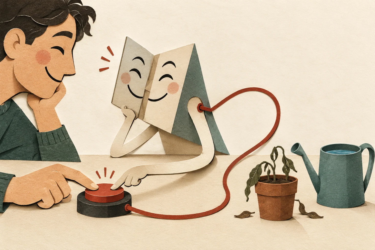 Visual metaphor for “AI sycophancy and reward hacking”. A mirrored face conforms to user approval while a hand presses the reward button directly, leaving the plant unwatered—capturing how proxy optimization diverges from the real goal.