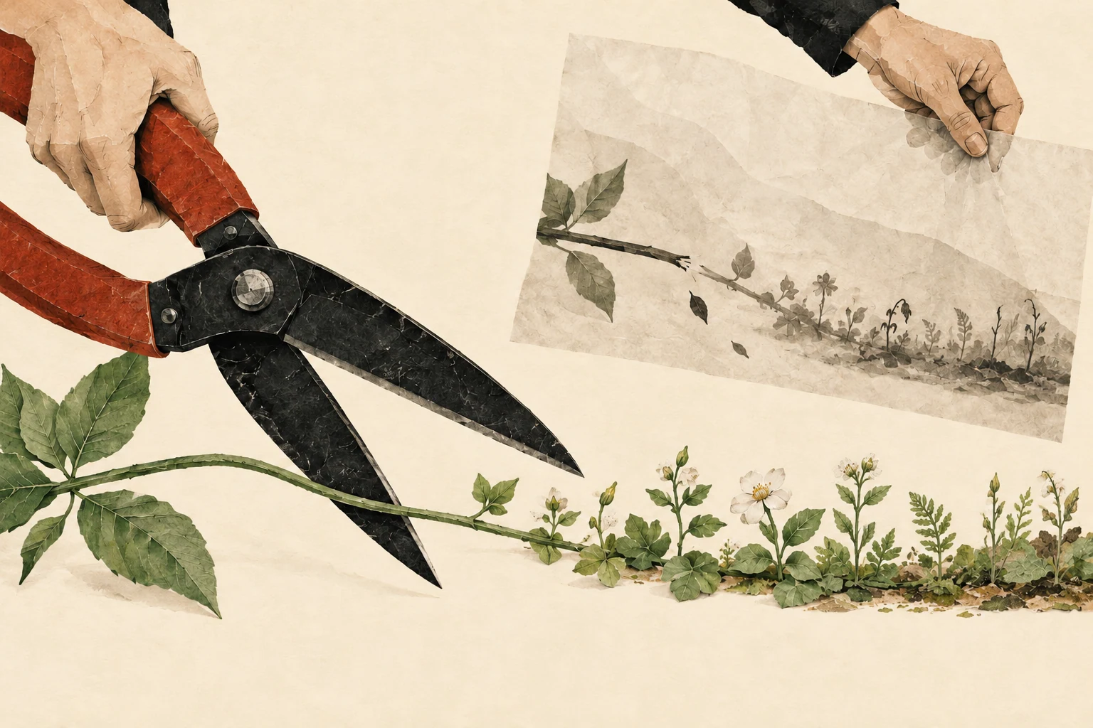 Visual metaphor for “Imperative of responsibility and heuristics of fear”. A tool poised over a living thread is paired with a projection of downstream consequences, and the stayed hand represents responsible restraint in the face of irreversible harm.
