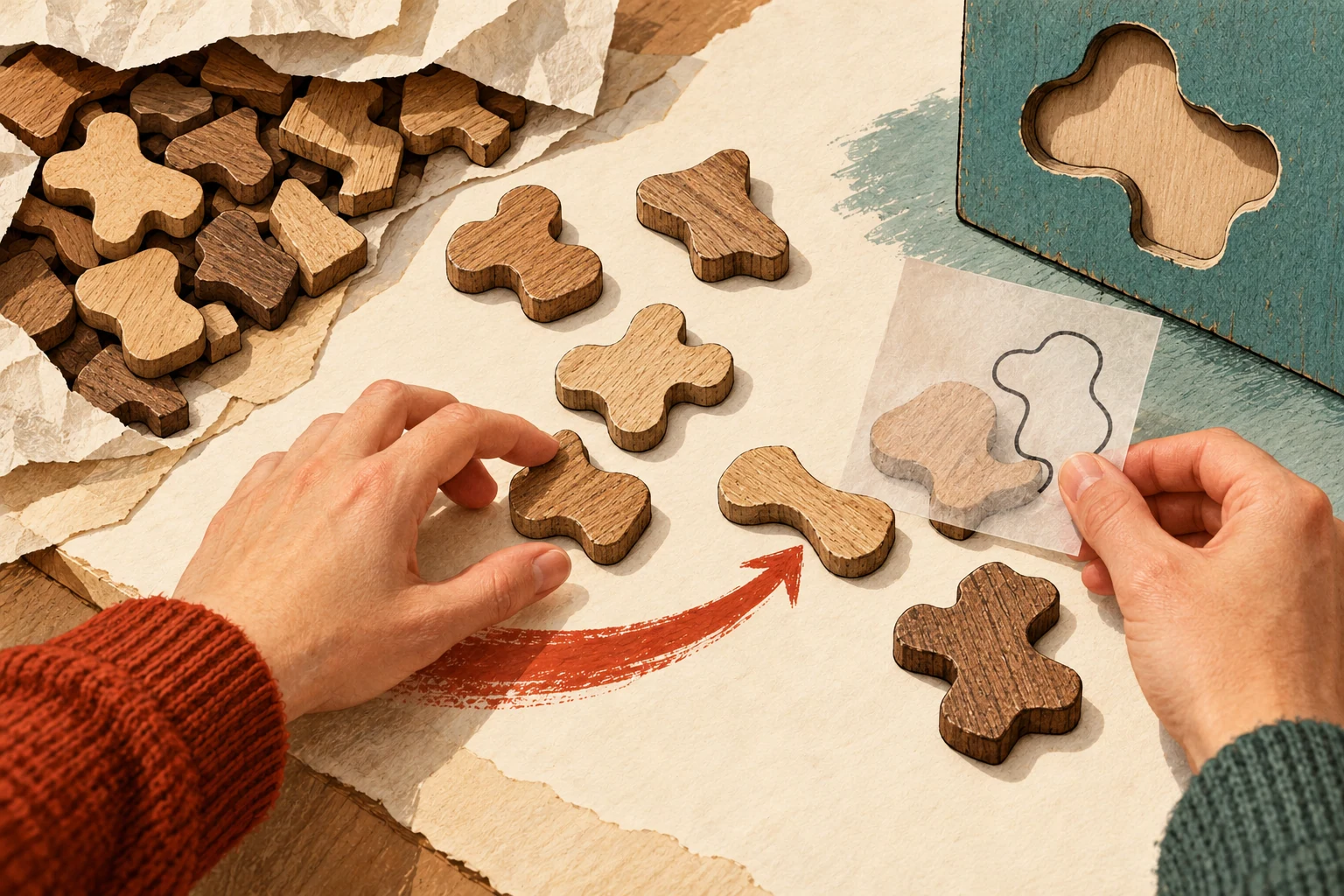 Visual metaphor for “Bounded rationality and dual-process thinking”. A familiar shape triggers a quick pick while closer inspection with a template catches a mismatch; the two hands depict modes of processing rather than separate brain organs.