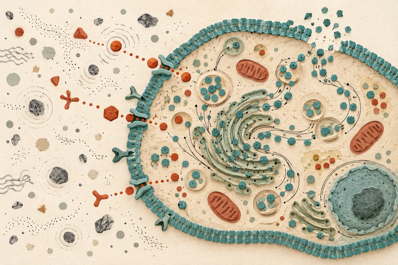 Visual metaphor for “Umwelt and autopoiesis”. An internal loop replenishes the boundary that mediates exchange with the environment, while only cues relevant to this organism stand out from the background.